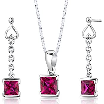 yÁzyAiEgpzSterling Silver Rhodium Finish Princess Cut Ruby Pendant Earrings and 45.7cm Necklace Set