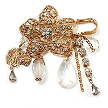 yÁzyAiEgpz'Filigree Flower%J}% Crystal Tassel & Acrylic Bead' Charm Safety Pin Brooch (Gold Tone)