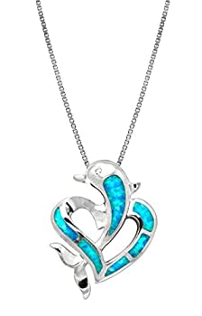 yÁzyAiEgpzCZ Accented Sterling Silver Dolphin and Heart Necklace Pendant with Blue Opal and Box Chain