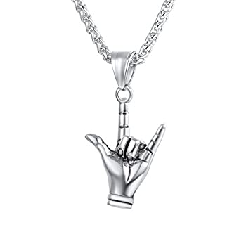 【中古】【輸入品・未使用】u7?Cool RockerジュエリーステンレススチールRock Gesture ILY Love & Peace Sign Handペンダントネックレス