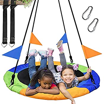 PACEARTH 40'' Saucer Tree Swing Flying 660lb Weight Capacity 2 Added Hanging Straps Adjustable Multi-Strand Ropes Colorful Safe and Dur