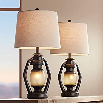 【中古】【輸入品 未使用】Horace Rustic Farmhouse Table Lamps Set of 2 with Nightlight Miner Lantern Brown Oatmeal Tapered Drum Shade for Living Room Bedroom Hou