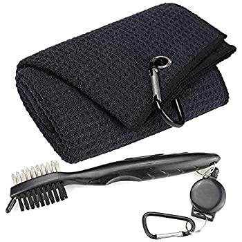 yÁzyAiEgpz(2 Pack Black Towel/Black Brush) - Mile High Life Microfiber Waffle Pattern Golf Towel Club Groove Cleaner Foldable Divot Tool with Mag