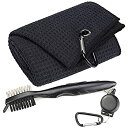 【中古】【輸入品 未使用】(2 Pack Black Towel/Black Brush) - Mile High Life Microfiber Waffle Pattern Golf Towel Club Groove Cleaner Foldable Divot Tool with Mag