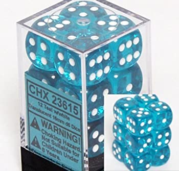 šۡ͢ʡ̤ѡTranslucent 16mm d6 Teal w/White Dice Block 12 pipped dic...