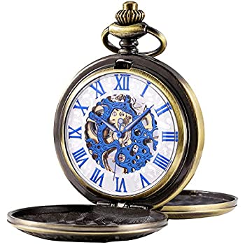 【中古】【輸入品・未使用】SIBOSUN メンズ 機械式 ローマ数字 文字盤 スケルトン 懐中時計 ボックスとチェーン付き メンズ レディース ダブルカバー 2つのブルー数字、ブロ
