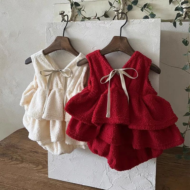 【P20限定！】ベビー服 ロンパース もふもふ ボアサロペット リボン飾り ナチュラル 女の子 ロンパース 冬 あったか ベビーファッション 韓国 65cm 70cm 80cm 90cm おしゃれ