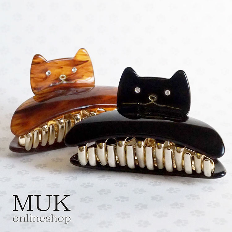 ヘアクリップ バンス 猫 ねこ ネコ キャット cat にゃー ニャー クロネコ くろねこ 黒猫 ブラック ブラウン 黒 茶 べっ甲風 マーブル 癒し ほっこり...