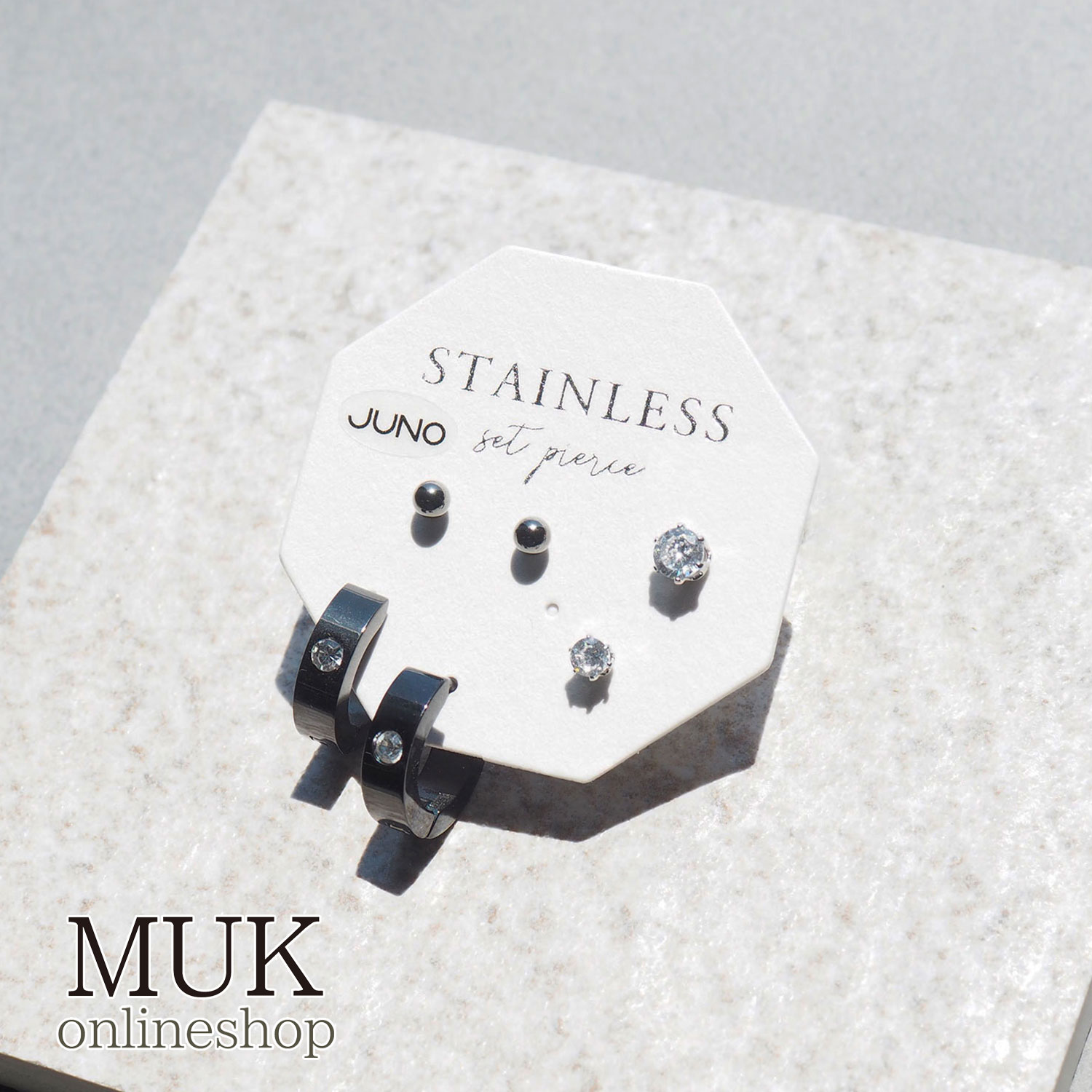 ピアス ステンレスピアス メタル ストーン ブラック 黒 フープ セットピアス 新作 通販 お洒落 高みえ ブランド Juno ジュノ muk ホワイトデー プ...