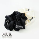 シュシュ ヘアゴム シンプル ブラック ホワイト 黒 白 リボン りぼん Ribbon 刺繍 柄 リボンポイントサテンシュシュ クリスマスプレゼント