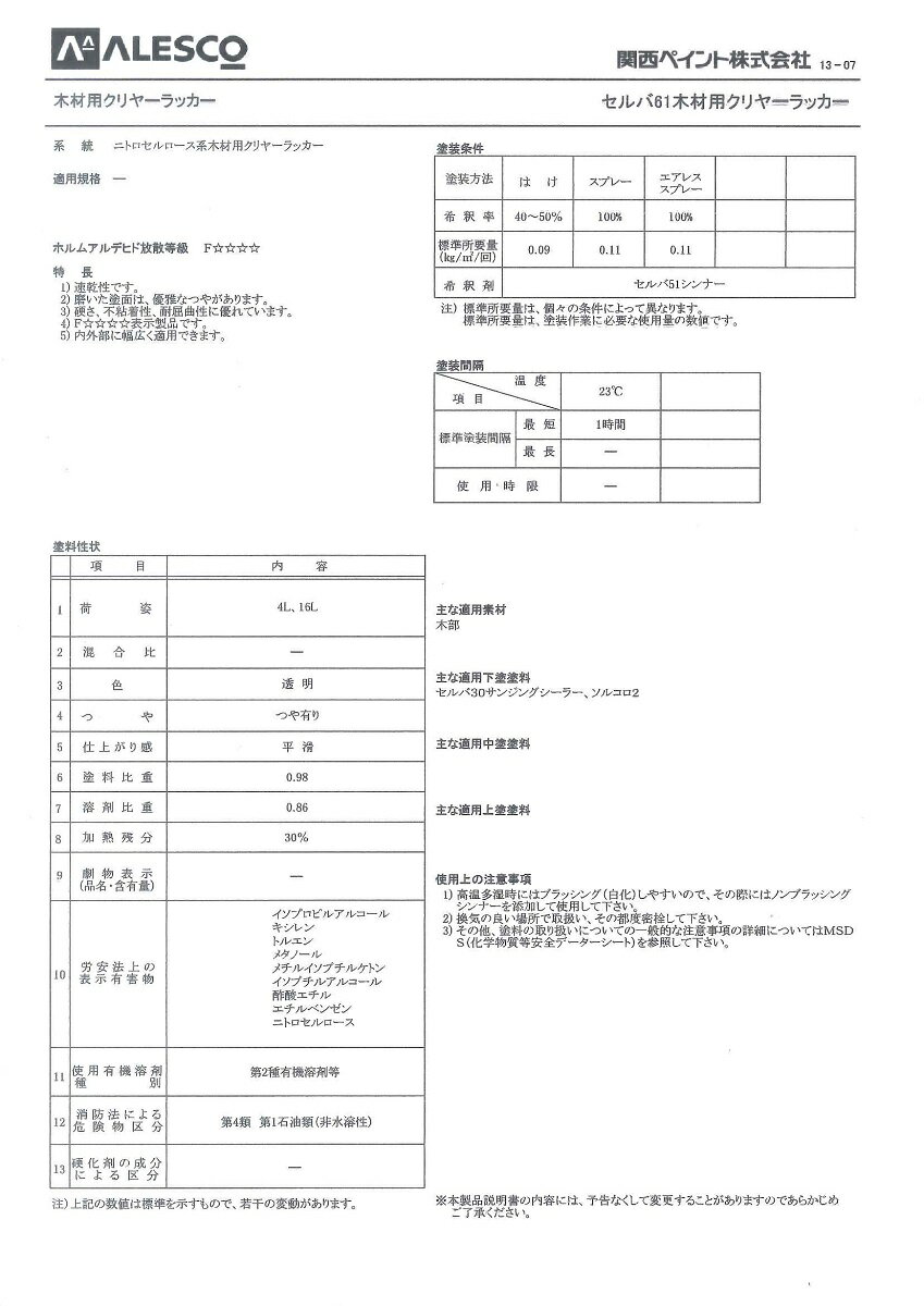 関西ペイントセルバ61木材用クリヤーラッカー　4L