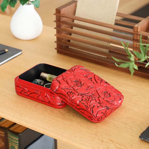 村上木彫堆朱 藤井漆工 小箱 牡丹唐草 伝統工芸品 小物入れ