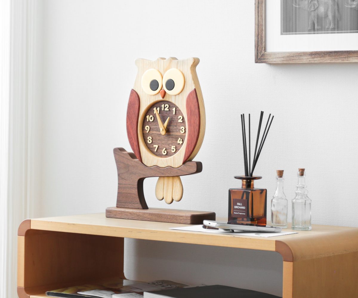 旭川クラフト Pecker 工房ペッカー F60-A ふくろう時計 置き型国産クラフト 木製 置き時計 ウォールナット