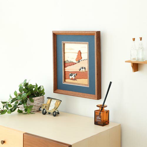 旭川クラフト Pecker 工房ペッカー YO 寄せ木絵 牧場 国産クラフト 木製 絵画 ウォールナット