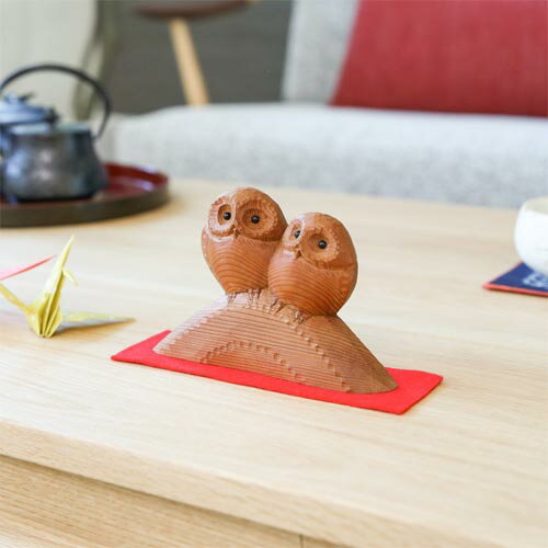 一位一刀彫 鈴木彫刻 ふくろう二羽 なかよし 伝統工芸品 木製 オブジェ