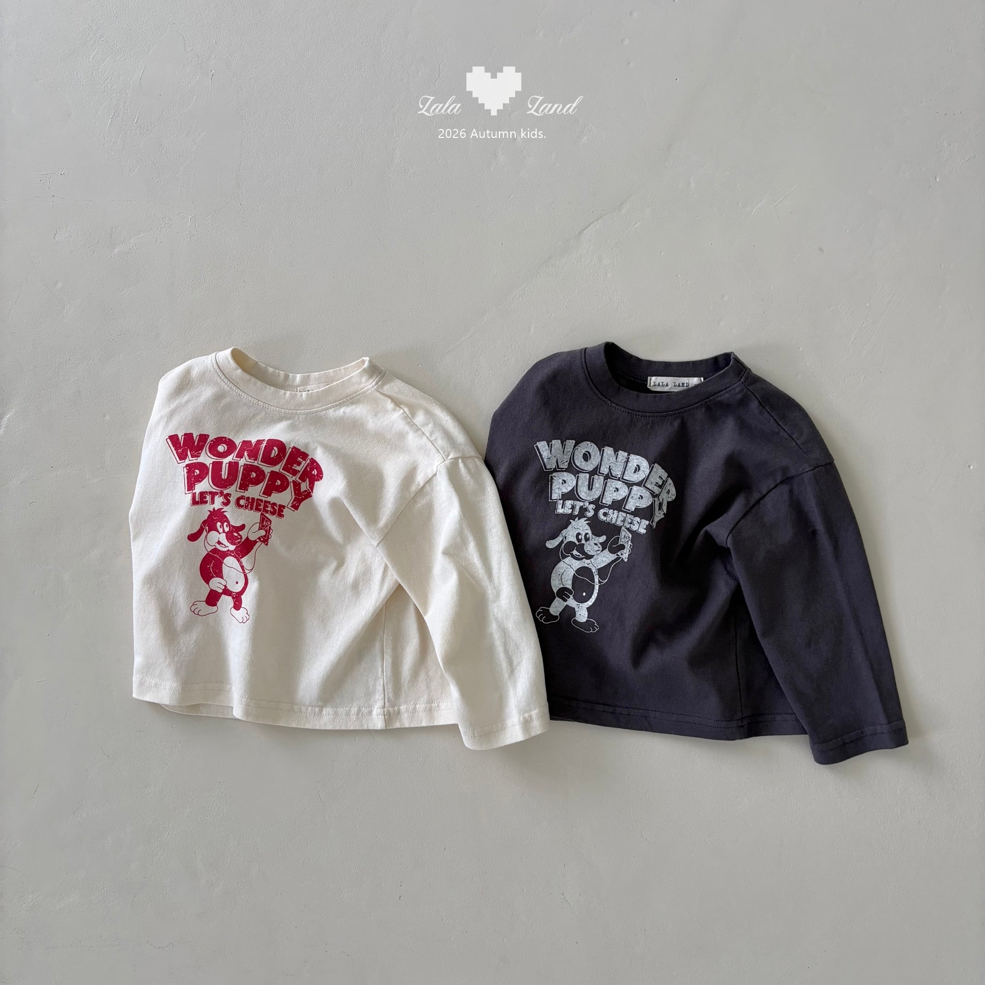 【9/13まで｜最大1,000円OFF】 韓国子供服 トップス Tシャツ lalaland ララランド 正規品 Selfie Puppy Tee 80 90 100 110 120cm 女の子 ベビー キッズ 秋冬 クリーム 出産祝い ギフト 26AW 新作 オーダー会 【予約3-8週間】