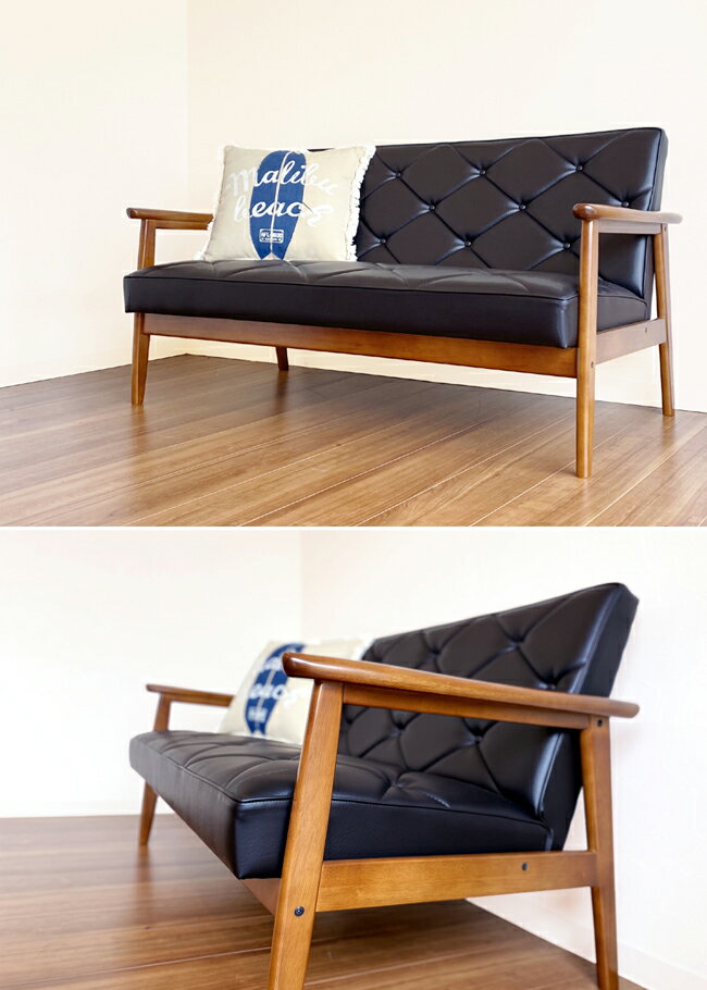 カリモク 長椅子 ソファ 合皮ブラック色 WS1123BW ソファ レトロ 木肘 コンパクト 応接 [3]