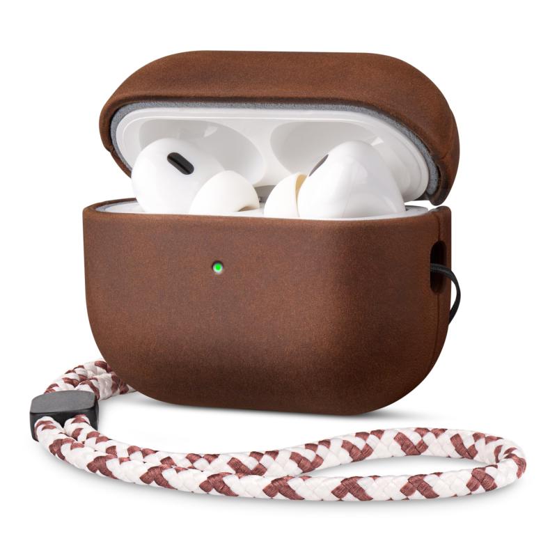 RIXENY AirPods Pro 2 用 本革ビンテージケース (ハンドストラップ付) - クレイジーホースレザー製 第2世代専用 クラシックレトロ設計 前面LED窓確認可能 同期ペアリングボタン搭載 ダークブラウ