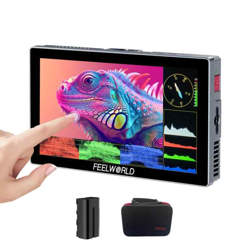 P6X 5.5インチ1200nits超高輝度デジタル一眼レフカメラモニター アルミニウムハウジング、4K HDMI、3D LUT、全波形など バッテリー、キャリーケース、マイクロHDMIコード付き堅牢なCアルミシェル P6Xは頑丈なCアルミニウムシェルを採用しています。1920x1080pの高解像度で5.5インチIPSフルOCR IPSパネルを搭載。P6Xは最大4K@60HzのHDMI伝送速度を持ち、高速伝送の滑らかさを体験できます。1200ts 明るくクリア1200nitsの高輝度で、P6Xモニターは様々な照明条件下で高い視認性を維持します。屋内外での使用に最適なモニターです。タッチスクリーンと物理ボタン重要な機能のタッチコントロールで簡単に操作したり、付属の物理ボタンを使用します。モニターは、最も使用される機能への迅速なアクセスのための3つのカスタマイズ可能なショートカットボタンを備えています。プロフェッショナルモニタリングソフトウェア/カスタム3D LUTP6Xカメラモニターは、パレード波形、ベクトルスコープ、輝度ヒストグラム、補助フォーカス、アナモルフィック、埋め込みオーディオ、イメージフリップ、フォールスカラーなどのプロフェッショナルモニタリング機能を多数搭載しています。最大32個の3D LUTをUSB-C経由でインポートできます。32 3D LUTをUSB-Cポート経由でインポートすることで、撮影者はポストエディットで様々なクリエイティブエフェクトを実現し、任意のカメラログモードを使用して撮影とモニターを行うことができます。初心者カメラマンや映画撮影コースの学生に最適です。トリプル・パワー・ソリューション P6XにDC 7-24Vアダプター(付属していません)で電源を供給するか、付属のF570バッテリー(2200)で最大1.5時間の動作が可能です。モニターは5V Type-C入力にも対応しており、携帯電話の充電器やパワーバンク（最小5V/2A）で充電できます。