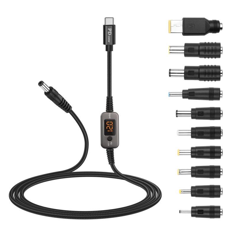 Rakuten - 100W PD給電 Type-C to DC変換ケーブル 電圧調整可能 (5V/9V/12V/15V/20V) DC5525対応 10-in-1アダプター付属 ブラック編組ケーブル 1.2m