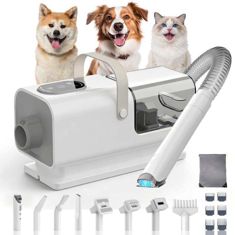 2025最新登場・万能型犬用バリカン ペット用バリカン業界初グルーミング・トリミング・掃除機・ドライヤー機能を一体化 猫美容器 ペットグルーミングセット 超強力吸引 温風＆🐶99.99%の抜け毛を瞬間自動吸い込み・掃除の手間は不要：従来のペットバリカンやブラシと違って、のグルーミング掃除機は「グルーミング・トリミング・掃除機・ドライヤー機能」を一体化されたモデルです。カットした抜け毛はグルーミング中に直接真空ダストボックスに99.99％吸い込まれるため、散らかることなく、お家を清潔に保てます。後片付けの心配が。換毛期の抜け毛・死毛を99.99%キャッチしますさらに、乾燥機能も搭載しているので、季節を問わず、お風呂上がりのペットを簡単に乾かすことができ、ペットの健康と清潔さを保ちます。ケア用アタッチメントも豊富で、犬猫どちらにも使いやすい万能グルーミングキットです。初心者の方でも、簡単に自宅グルーミングを完了できます🐕8種類アタッチメント付き・ペット全身ケア可能電動バリカンx1pcs、ブラッシングブラシx1pcs、梳きブラシx1pcs、ブロー用ノズルx3pcs、クリーニングブラッシx1pcs、クリーニング用隙間ノズルx1pcsという8種類のアタッチヘッドが付いております。❶トリミング用電動バリカンは3mm　6mm　9mm　12mm　15mm　18mmの計6種類のガイドコームが付いて毛の長さに合わせて使い分けられ、全身精密なトリミングを実現、仕上がりが綺麗になる。❷グルーミングプラシは絡まったモを解きほぐし、清掃し、皮-膚の健-康を促-進。➌脱毛プラシは絡まった毛を取り除き、敏-感な皮-膚を保-護。❹シャワー後のブロー用の3つ違う出風口のノズルで早速に毛乾-燥可能。❺クリーニングツールは2つ付属、狭いスペースやソファコーナーに清掃；または服の毛を清-潔します。この操作簡単且つ多機能キットはペット美容院サロン級のグルーミング体験を実現します。🐈業界初ペット専用ドライヤー機能搭載犬 ドライヤーは低温なのに速乾整う潤う、プロの現場の声から生まれたペット専用ドライヤーです。再先進の高速ブラシレスモーターの設計により、熱損失を低減しながら低温速乾を実現します。掃除機なみの風力で水分を吹飛ばします。ペットの乾燥時間を少なくとも 50% 節約し、毛にダメージを与えず、表面から奥までしっかり乾かします。犬用ドライヤーは、自然温度から高温まで3段階の温度設定があり、均一で浸透性の高い熱分布により、犬種や季節によって異なるブローの段階で最適な快適さを提供します。よりマイルドな風量の場合は、多機能な密着型ネジロック式ノズルを3つ装備しています。乾かしにくい指間など細かい場所や、毛量の多い場所には「細口ノズル」が最適。「拡散ノズル」を使用すると更に風が柔らかくなり快適に。「フラットノズル」は、乾燥の最終段階と最終的なスタイリングに最適です。小型犬でもお腹にもかんたんに当てられる「手元ホース」も付属しています。😺3段階吸引モード・ペットに優しい低騒音＆低振動設計この犬用抜け毛吸引グルーマーは低騒音設計で、3段階の調整可能な吸引レベルを搭載。狭い車内や、自宅の絨毯、手の届かない棚の上で、抜け毛やゴミに気付いた時、サッと取り出して掃除できます。ペットの騒音への耐性に合わせて強中弱3段階吸引力を選択できるため、愛犬が怖がることなく、より快適にグルーミングを楽しめます。それ以外、柔軟なホースの長さは約 1.5m達し、電源コード長も約 2mです。また、モーターの騒音がペットから離れるため、音に敏感なペットにも最適です。🐩2.2L大容量ダストカップ・頻繁毛を捨てる不要2.2L大容量の着脱式ダストカップは他-社比40%増の容量で、一度で非常に多くの毛を溜めることができます。グルーミングやトリミング中に頻繁に掃除する手間が省けます。ダストカップの蓋は簡単に開閉できるため、トリミング後はベタベタすることなく、スピーディーにゴミ捨てができます。 取り外したダストカップは水洗することもできます。🐾内容量・PSE認証済み・18ケ月パッケージ内容量：電動バリカンx1pcs、ブラッシングブラシx1pcs、梳きブラシx1pcs、ブロー用ノズルx3pcs、クリーニングブラッシx1pcs、クリーニング用隙間ノズルx1pcs、電動バリカン用Tpye-C充電ケーブルx1pcs、説明書x1pcs、収納袋x1pcs。本グルーミング掃除機を購入後、生涯のとを提供します。もしペット用バリカンの使用前、使用中、使用後何かご問題がございましたら、いつでも書に記載れた連絡先に迷わずににご連絡ください。弊社早急に代替品の再配達やの対応をさせていただきます。お客様に完全満足した購入体験を得られることは我々にとって何よりです。