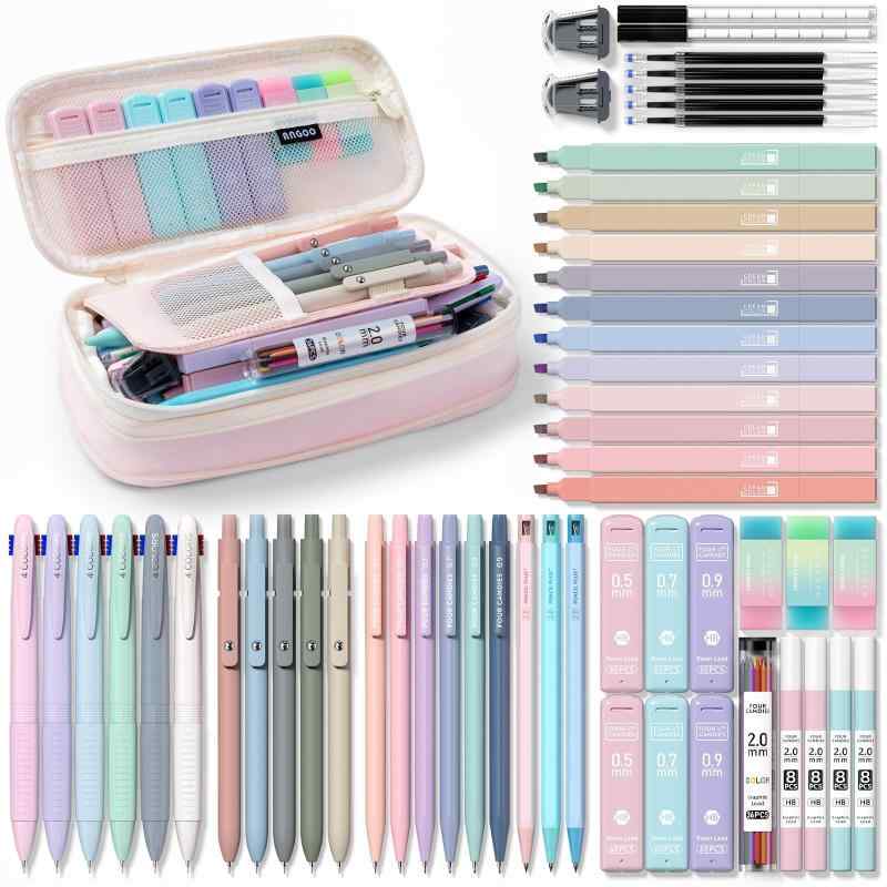 Rakuten - 文房具 56点セット 4色ボールペン シャーペン（0.5、0.7、0.9＆2.0mm）蛍光 ジェルボールペン ペンケース 詰め替え芯 文具 筆記用具 学用品 文具 入学準備 入学お祝い 女の子 男の子