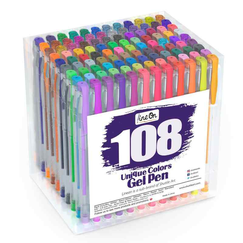 ジェルボールペン カラーペン 108色セット 水性 カラーボールペン ゲルインク 耐光 耐水 大人の塗り絵 イラスト お絵描き 落書 スケッチ デザイン 手帳 ノード メモ取り メタリック 蛍