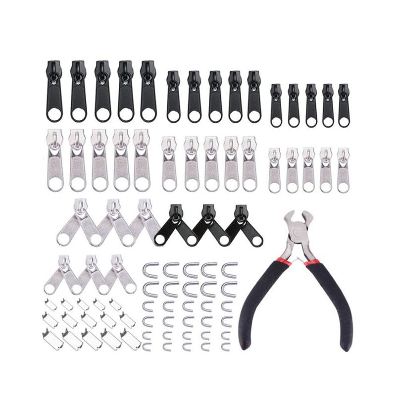 Stainless steel zipper slider repair kit with silver and black sliders. Includes zipper slider replacement parts and portable pliers. Multifunctional zipper slider for clothing, bags, wallets, and sewing.