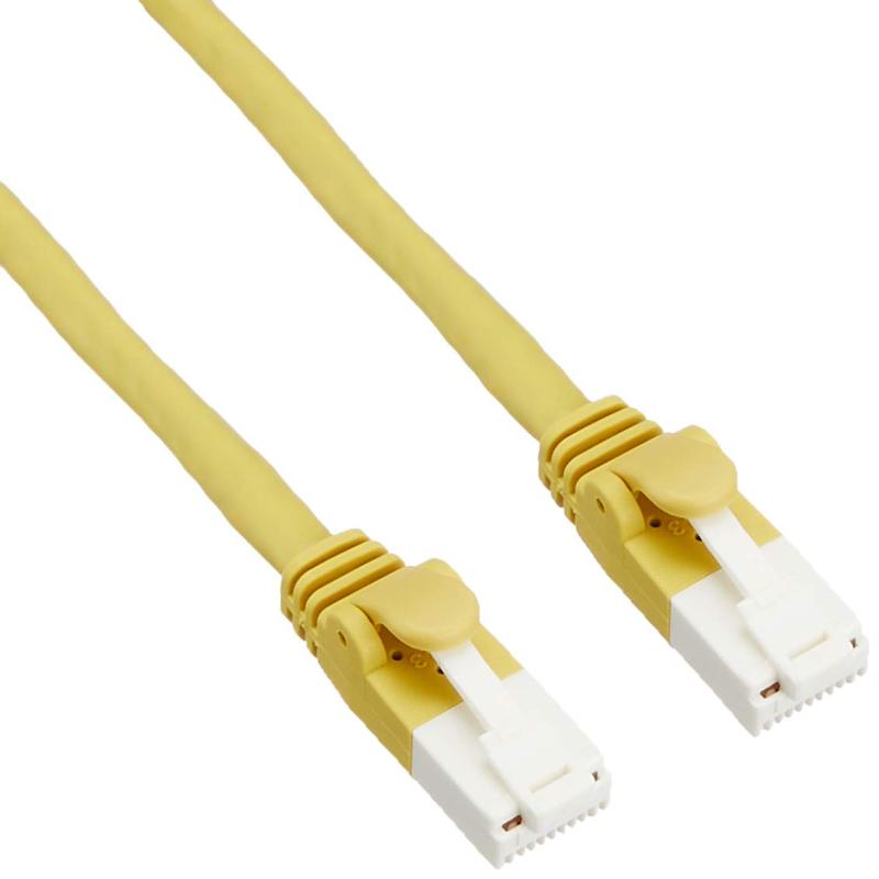 エレコム LANケーブル CAT6 10m ツメが折れない 爪折れ防止コネクタ 簡易パッケージ RoHS指令準拠 イエロー LD-GPT/Y10/RS周波数帯域250MHzをするギガビット・イーサネットに対応した、Cat6準拠LANケーブルのスタンダードタイプです。プロテクターと耐久性の高いコネクターのダブル構造でツメが折れにくいコネクターを採用しています。 1000回の屈曲検査に合格(当社検証)Cat6準拠LANケーブルのスタンダードタイプです。ツメ折れ防止プロテクターと屈曲に対する耐久性が高い素材のコネクターを採用したダブル構造で、ツメが折れにくいLANケーブルです。 1000回の屈曲検査に合格(当社検証)ツメ折れによるケーブルの脱落を防止し、長期にわたってしっかりとLANポートに固定することができます。1000BE-TXや1000BE-Tの環境で安定したネットワークを実現することが可能です。周波数帯域250MHzをし、ギガビット・イーサネットの高速通信に適しています。十字介在をなくしたヨリ線仕様なので、やわらかく取り回しが簡単で、狭い場所での敷設も容易です。隣接するポートに干渉せず、出っ張りが気にならないスリムコネクターを採用しています。60度傾斜試験(JIS C 3005)に合格する難燃性を有しています。EUの「RoHS指令(電気・電子機器に対する特定有害物質の使用制限)」に準拠(10物質)した、環境にやさしい製品です。