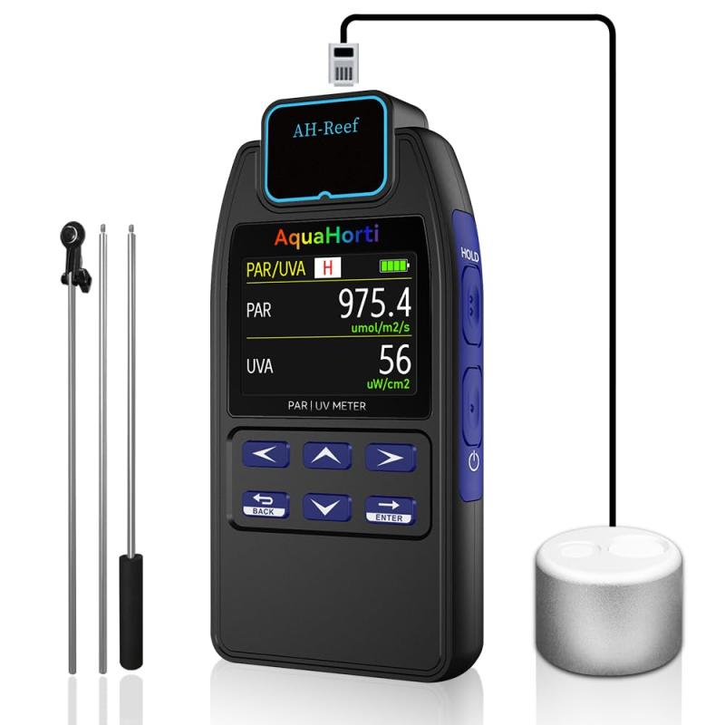 AH-Reef R メーター – PPFD 測定・UVA (w/m²) 計測対応 防水センサー搭載で、水槽ライトの R/G/B 比率表示。R/UVA 分布を記録可能です。