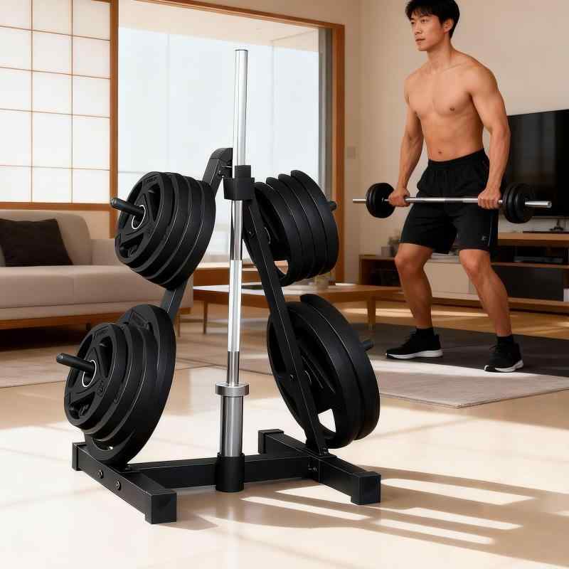 プレートラック ダンベル・バーベル用 ツリーラック 収納プレート穴径25mm以上 バーベルの片架 家庭用のダンベルの片は置いて 奥の棒はラックを保管して シンプルで 構造はしっかり