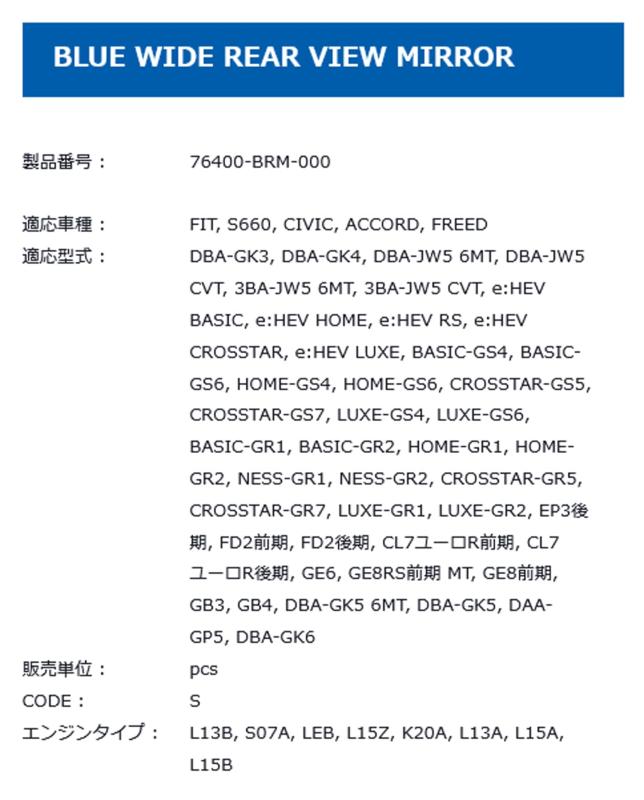 スプーン(Spoon)SPOON SPORTS ブルーワイドリアビューミラー ホンダ フィット / S660 / シビック/アコード/フリード 76400-BRM-000
