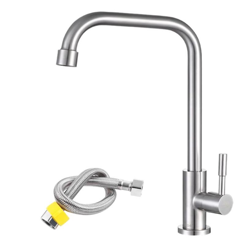 Rakuten - SUS304ステンレス キッチン蛇口 キッチン用水栓 シンク蛇口 手洗いボウル用水道 シングルレバーワンホール単水栓 360度回転節水 50cm取り付けホース付き 泡沫水流 (単水栓 Bタイプ)