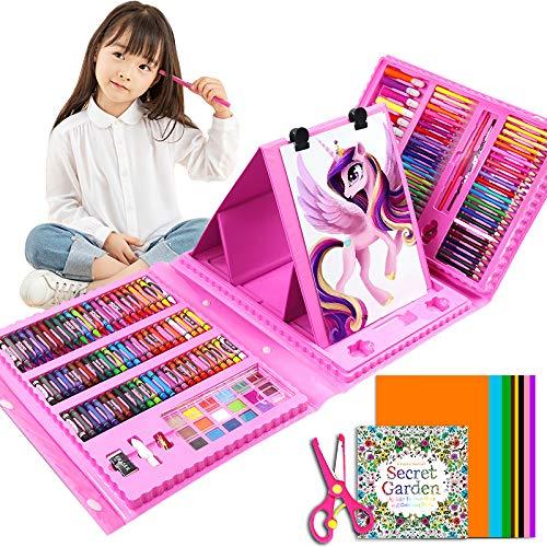お絵かきセット色鉛筆 クレヨン 水性ペン 176ピース お絵かきアートセット 知育教育 イラスト 入園 入学祝い 誕生日プレゼント 新年 お年賀に 内祝い ギフトに(ピンク)