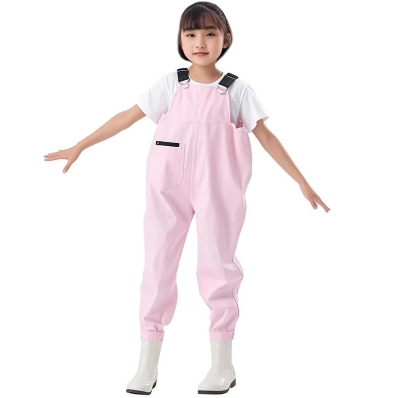 [] ウェーダー キッズ 胴長 子供 チェストハイウェーダー 長靴一体 防水ズボン ポケット付き 胴長靴 滑り防止 軽量 (桜, 足長20.5cm)