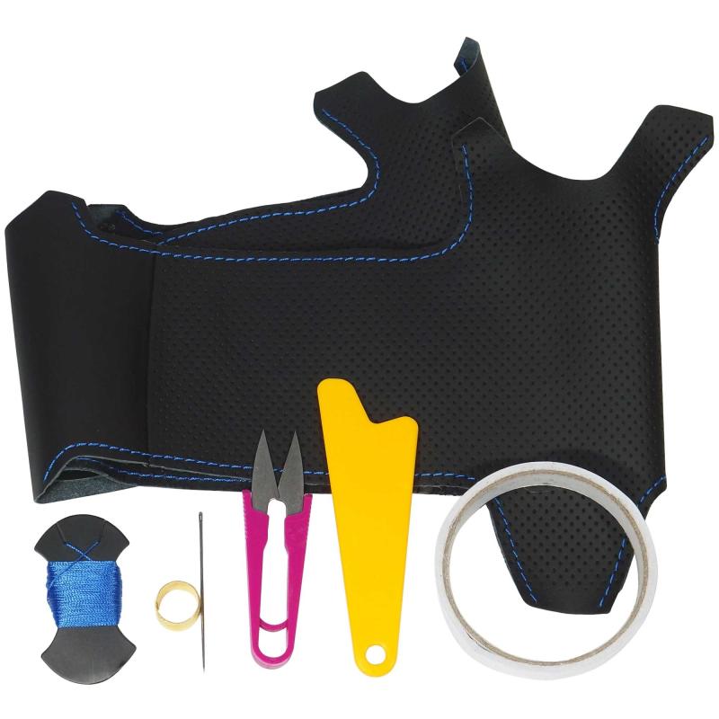 トリコローレEX BS C27セレナ・ノート後期・T32エクストレイル後期・リーフ他 黒革×青ステッチ 1N-28 DIYステアリング本革巻替キット 1BS1N28B2B1L