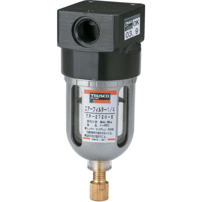 トラスコ中山(TRUS) エアフィルター TP-2720-8使用圧力(MPa):1処理空気流量([[立米]]/min):0.39接続口径:Rc1/4全長(mm):100ろ過精度(μm):40質量(kg):0.2