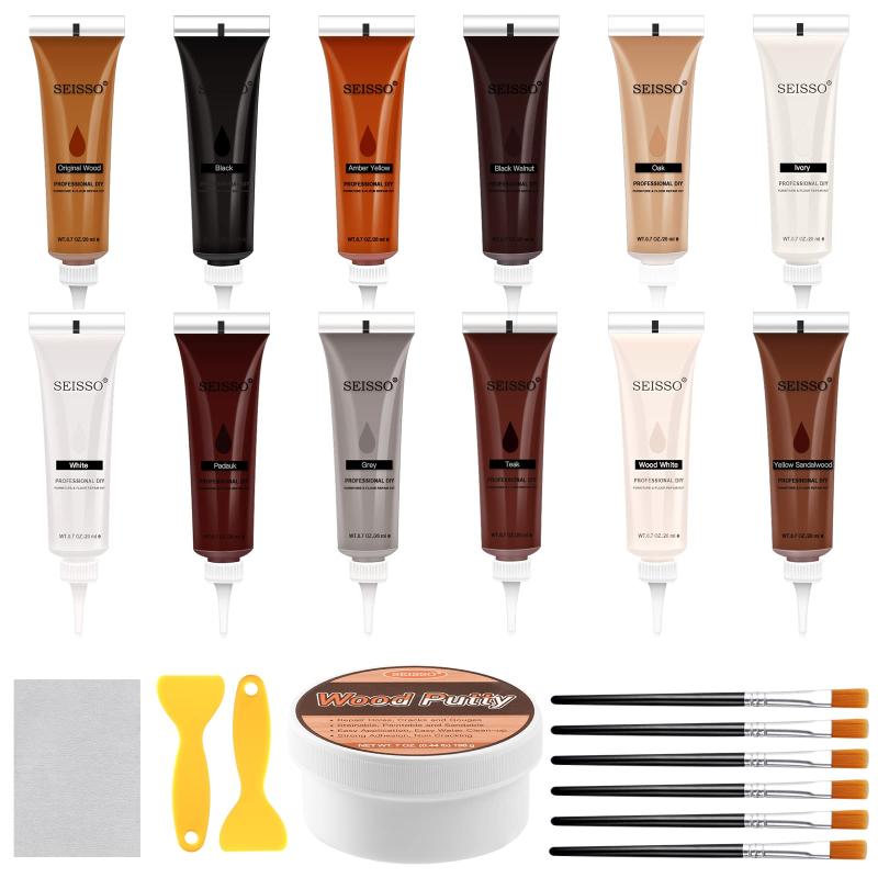 木製品キズ補修 補修クリーム フローリング パテ付き 木製品キズ補修セット 12色入り 床 すりキズ用 床補修 ドア補修 キズ隠し キズ消し 補修材 木製家具補修 ひび割れ、釘目、傷、焼