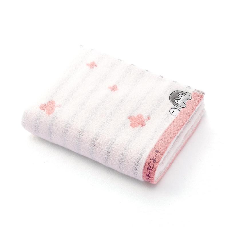 コウペンちゃん KOHAN いっつもえらいんだよ フェイスタオル ピンク パイル ボーダー クローバー ふわふわ 53-0082130 約34×80cm