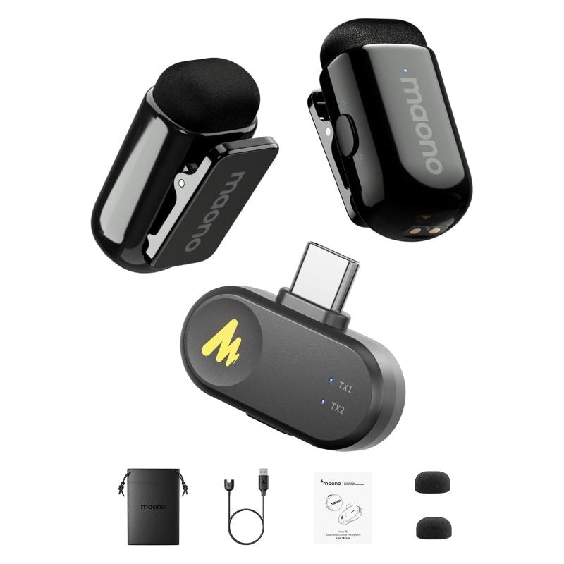 ワイヤレスマイク ピンマイク 5.9g小型超軽量-ノイズ軽減-スマホ用Android/iPhone15/16/PC対応 360°集音 100m伝送 30時間使用 AIボイチェン 音画同期 2人同時使用 クリップ式超ミニ無線 MR/Tik