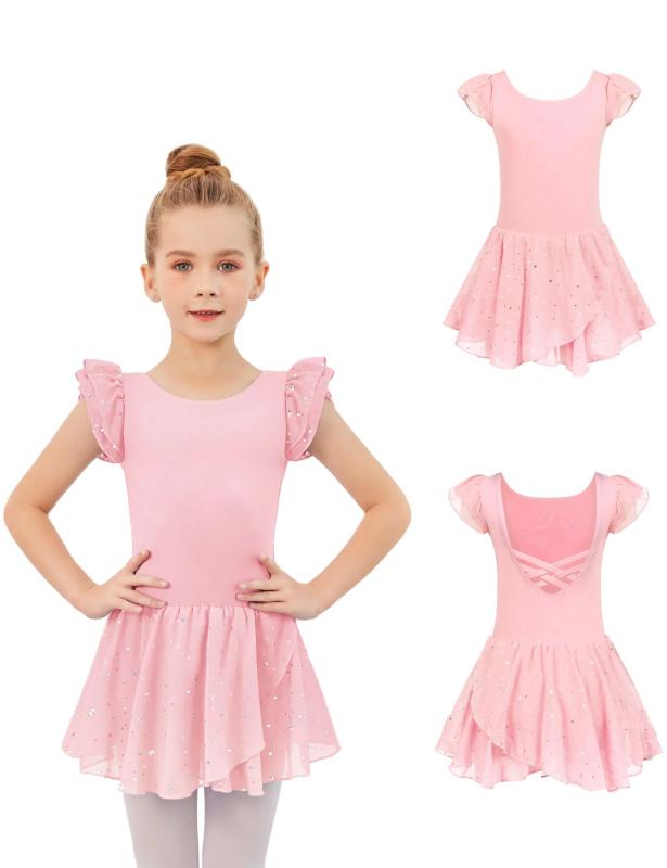 [] バレエ レオタード 子供 肩フリル袖 バレエ 衣装 クリスクロスバック シフォンスカート付き 綿生地 無地 ダンススカート ジュニア キッズ 新体操 体操服 レッスン 教室 練習着 発表