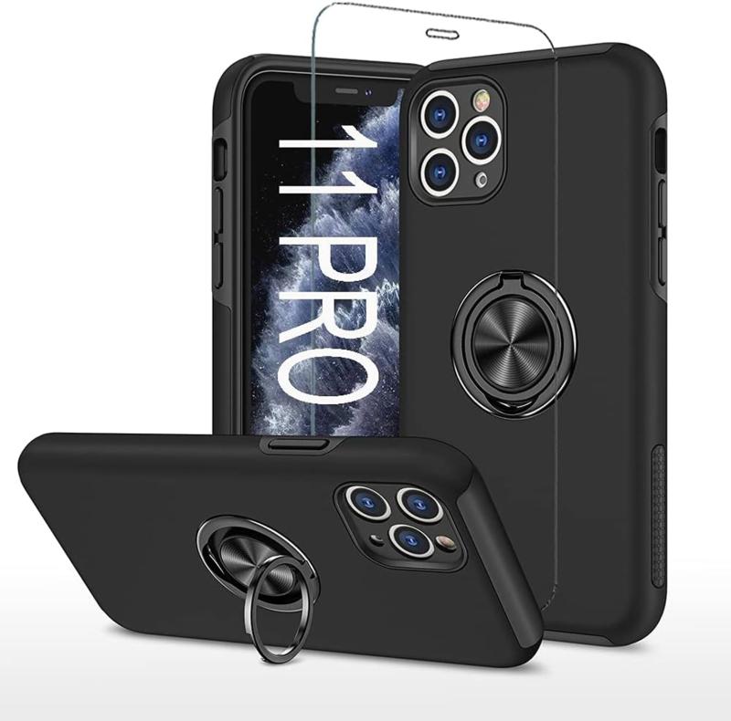 Rakuten - いpほね11pro 用 ケース 强化 ガラス フィルム リング スタンド 付き 耐衝撃 iPhone 11 Pro 対応 携帯ケース リング付きケース 耐衝撃ケース ブラック