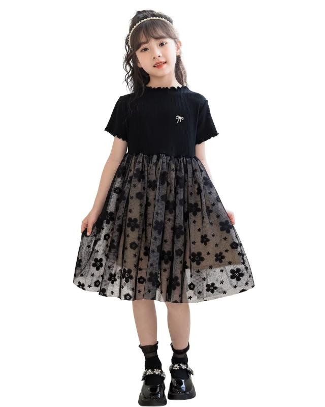 子供 ドレス 黒 女の子 ワンピース フォーマル ピアノ 発表会 半袖 花柄 チュール ガールズ ドレス入学式 卒業式 120-160CM
