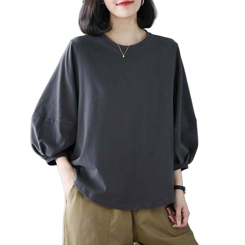 Rakuten - [] 七分袖 tシャツ レディース クルーネック ボリューム袖 無地 ゆったり おしゃれ シンプル 日常着 薄手 カジュアル 黒 白 ス 夏
