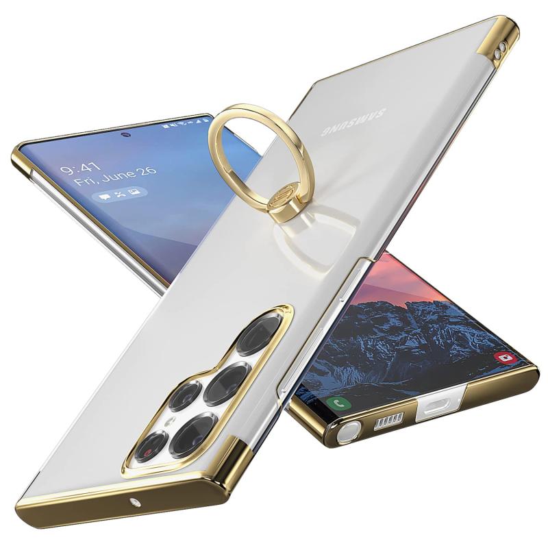 Rakuten - Samsung Galaxy S22 Ultra 5G ケース リング付き メッキ加工 落下防止 スタンド機能 透明 PC おしゃれ 薄型 軽量 一体型 耐衝撃 全面保護カバー [6.8インチ]