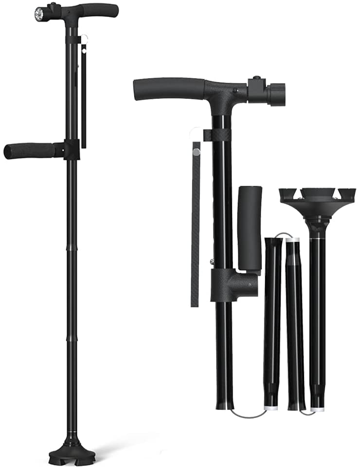 折りたたみ 杖 4点杖 LEDライト 補助 軽量 長さ調節可能 4段階 安心 ステッキ 自立式 伸縮 ...