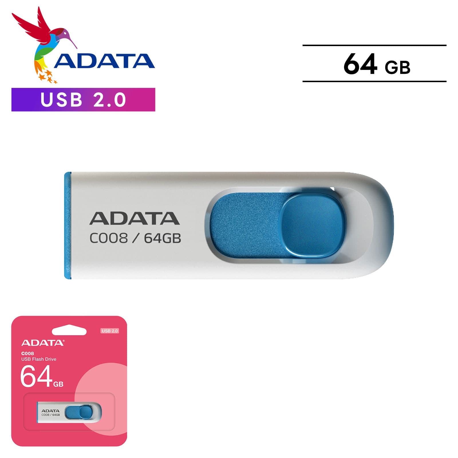 【最大20倍 マラソン期間限定】ADATA エイデータ USBメモリ フラッシュメモリ 64GB ギガ type-a USB2.0 スライド式 C008 音楽 頑丈 小型 Windows Mac パソコン PC シンプル コンパクト 画像 データ 撮影 バックアップ 大容量 ファイル ストラップ メモリ 外付け メモリ