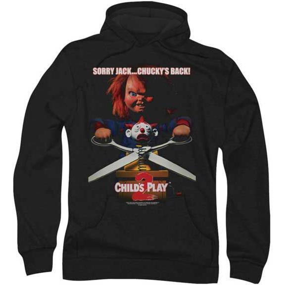 CHILDS PLAY, CHUCKYS BACK HOODIE 正規品根強い人気のChild's Play2/Chuckyのパーカ「CHUCKYS BACK HOODIE」です。フロントにハサミを広げた凶悪なチャッキーのマルチカラープリント!!「Sorry Jack ... Chucky's Back」ホラーティスト満載です！US正規品55% COTTON/ 45% POLYESTERColor: BLACKSサイズ170cm前後の方によいかと思われます。肩幅51cm、着丈62cm、身幅51cm、袖丈61cmMサイズ170cm～175cm位の方によいかと思われます。肩幅54cm、着丈65cm、身幅54cm、袖丈65cmLサイズ175cm位の方～よいかと思われます。肩幅57cm、着丈68cm、身幅58cm、袖丈60cmXLサイズ体格のよい方, 大きめに着こなしたい方に肩幅65cm、着丈73cm、身幅66cm、袖丈60cm多少の誤差はご容赦ください。映画Tシャツ関連チャッキー/CHILD'S PLAY関連のアイテム ムービー/ホラーTシャツはこちらムービー, ホラー系フィギュア・TOYNECAやFUNKOのコレクタブルなムービー系TOY,フィギュア,グッズ