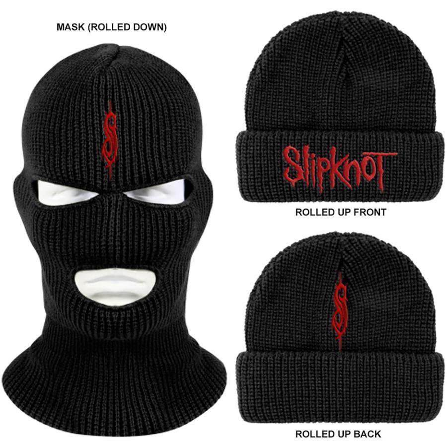 TRIBAL S (BEANIE HAT) by SLIPKNOT /正規品ここ日本においても爆発的な人気を誇る猟奇趣味的激烈音楽集団「スリップノット」のニットキャップ・マスク「SLIPKNOT MASK BEANIE HAT: LOGO 」です。一見,ブラックのスタンダードな型のニットキャップですが,折り返しを伸ばせばミリタリー&スナイパー風の覆面マスクに!!前後にはシンプルなトライバル・アイコンとバンドロゴの刺繍入り。男女兼用正規品1サイズフリースリップノット/SLIPKNOTのアイテムバンドT/ロックTシャツパンク,メタル.オルタナ,グランジ〜クラシック ロック and More...ロック, ミュージック系フィギュア・TOYNECAやFUNKOのコレクタブルなミュージシャン系TOY,フィギュア,グッズ