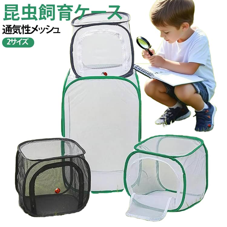 【商品仕様】 展開時　30x30x30cm　40x40x60cm　折り畳み式　ダブルジッパー開閉　素材：メッシュ　オックスフォード布【観察楽】多くの蝶を収納することができ、良好な通気性があり、白いガーゼネットで蝶などの昆虫の観察にとても便利です。子供に扱いやすい。折り畳み式なので持ち運びもラクラク、邪魔になりません。【生息地】昆虫ペット、植物、換気を愛する、特定の爬虫類虫取り。使用素材も丈夫で、爬虫類と蝶などの繁殖と飼育を観察しやすいです。夏休みの野外活動に大活躍です。【適用性】細かく透明なメッシュ素材を使用しており、通気性がいいです。折りたたみ式なので、使用しないときは収納しで保管できます。野外探査と自然に関心を持つように、子供への最適なプレゼントです。昆虫愛好家にも人気です！ サイズ S M サイズについての説明 Sサイズ：30×30×30cm Mサイズ：40×40×60cm ※商品のサイズは手作業で測定させて頂いておりますので、若干の誤差があります。 素材 メッシュ オックスフォード布 色 黒-白 グリーン-白 真っ黒 備考 ●サイズ詳細等の測り方はスタッフ間で統一、徹底はしておりますが、実寸は商品によって若干の誤差(1cm～3cm )がある場合がございますので、予めご了承ください。 ●製造ロットにより、細部形状の違いや、同色でも色味に多少の誤差が生じます。 ●パッケージは改良のため予告なく仕様を変更する場合があります。 ▼商品の色は、撮影時の光や、お客様のモニターの色具合などにより、実際の商品と異なる場合がございます。あらかじめ、ご了承ください。 ▼生地の特性上、やや匂いが強く感じられるものもございます。数日のご使用や陰干しなどで気になる匂いはほとんど感じられなくなります。 ▼同じ商品でも生産時期により形やサイズ、カラーに多少の誤差が生じる場合もございます。 ▼他店舗でも在庫を共有して販売をしている為、受注後欠品となる場合もございます。予め、ご了承お願い申し上げます。 ▼出荷前に全て検品を行っておりますが、万が一商品に不具合があった場合は、お問い合わせフォームまたはメールよりご連絡頂けます様お願い申し上げます。速やかに対応致しますのでご安心ください。